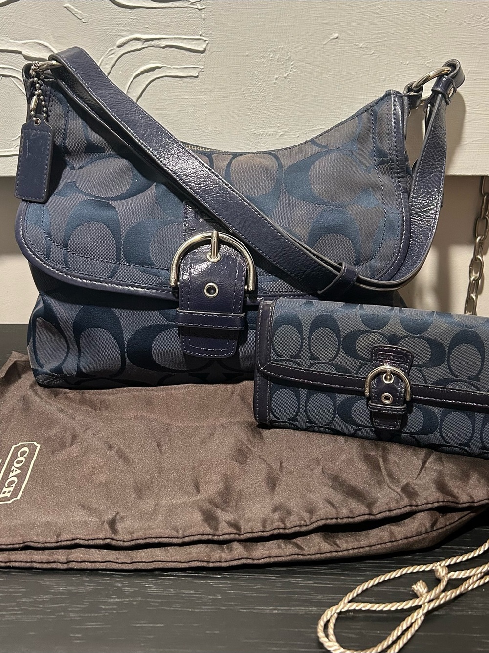 Coach Soho F19581 Navy Signature Hobo Crossbody Bag Wallet Dust Bag Y2K